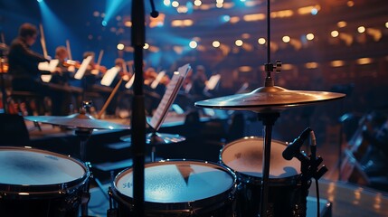 Obraz premium A close up of the drum set on the platform with the symphony in the center becoming blurred