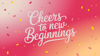 White text on pink and orange gradient background with confetti,  celebration new beginnings. 
