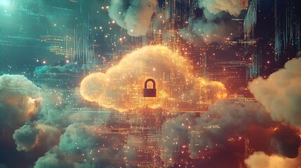 Unlocking the Digital Sky: A Luminous Cloud with Padlock - Perfect Poster for Tech-Inspired Interiors and Modern Spaces