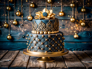 Dark blue and Gold elegant cake with gold flower