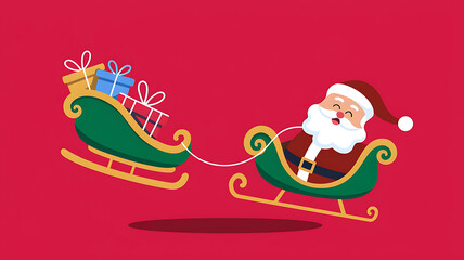 Red and Green Santa Claus flying in a sleigh with presents, Christmas joy and festive spirit. 
