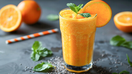Refreshing orange smoothies in tall glasses garnished with mint and orange slices with salt indicating low sugar drink for healthy wellness lifestyle, tropical summer fruit beverage nutritious rich