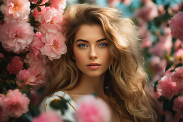 Fototapeta premium AI generated photo image of woman in the fields among the flowers