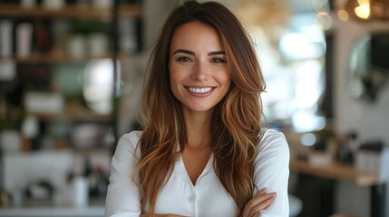 happy businesswoman in her beauty salon, showcasing her passion for aesthetics and commitment to client care in a stylish environment