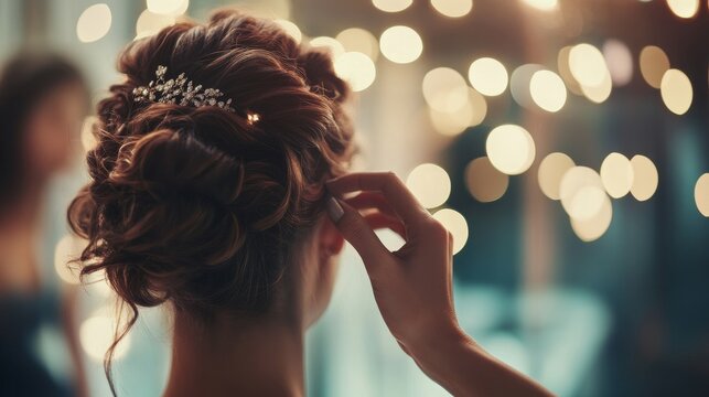 Close-up of professional hairdresser creating elegant French twist hairstyle. Detailed shot of hands styling hair for a sophisticated and formal look