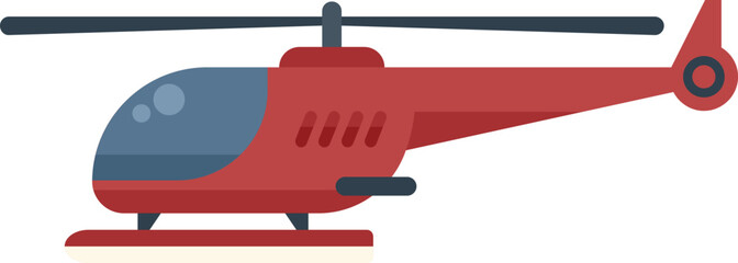 Red helicopter with a blue windshield landing on a helipad