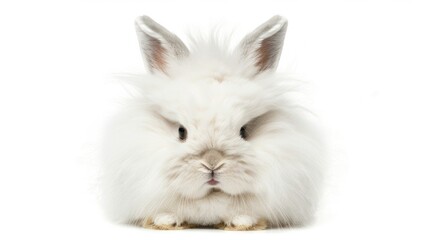 Obraz premium Grumpy Animal. Isolated Cute Bunny with White Fur Coat on White Background