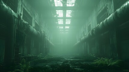 Obraz premium Abandoned Corridor with Hazy Light and Overgrowth