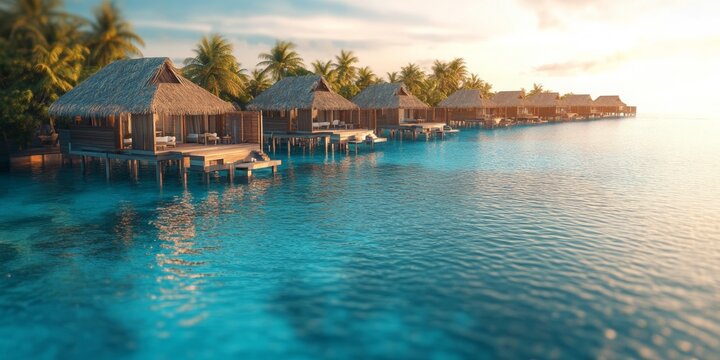 Luxury resort with overwater bungalows, serene turquoise waters, tranquil atmosphere, idyllic tropical getaway, relaxation and elegance combined