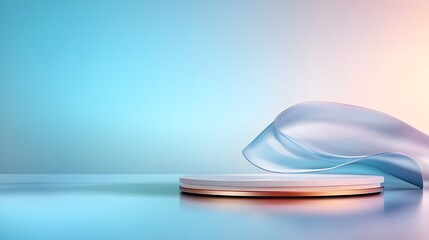 3d render round platform on water and sand with glass wall panels