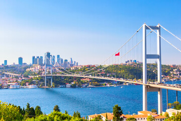 Istanbul Bosphorus Bridge or 15th July Martyrs Bridge with Istanbul panorama cityscape during...