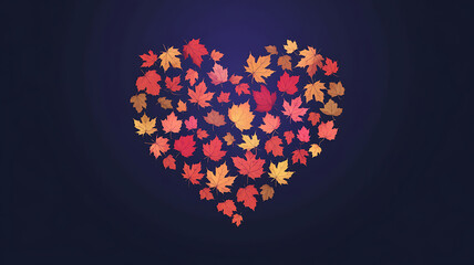 Red and orange leaves form a heart shape against a dark blue background, perfect for autumn and Thanksgiving designs. 
