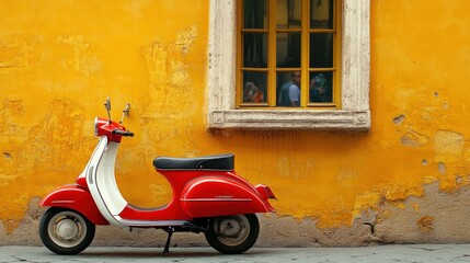 A red scooter parked against a bright yellow wall with a window reflecting people.