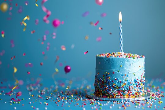 Happy 100 Birthday Celebration with Blue Cake, Balloons, Candles, and Confetti Sprinkles