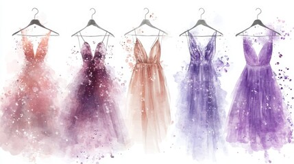 Set of watercolor fashion dresses on hangers showcasing stylish designs and trendy clothing. Fashion illustration of colorful apparel collection for style inspiration