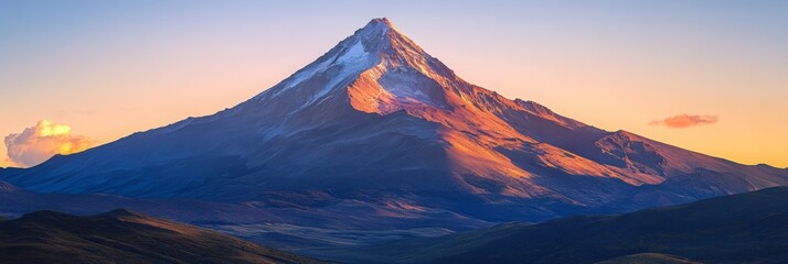 Majestic mountain peak with intricate details, softly blurred sky creating a serene backdrop, showcasing nature's grandeur and beauty