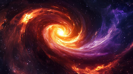 Obraz premium A fiery spiral galaxy, with swirling arms made of flames, in the depths of space. The flames vary in intensity from bright orange