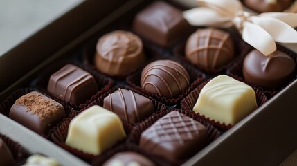 A close-up of assorted luxury chocolates in an elegant box, showcasing different shapes and flavors, with a delicate ribbon tied around the box.