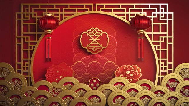Red lanterns and gold Chinese patterns celebrate the Lunar New Year. 
