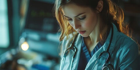 Fototapeta premium Medical professional conducting a thorough physical examination, blurred background showcasing essential healthcare tools and equipment