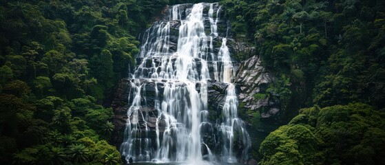 A stunningly detailed and lifelike photo of a majestic waterfall, cascading down a rocky cliff into a shimmering pool below surrounded by lush greenery