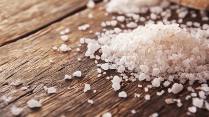A close-up of coarse cooking salt crystals scattered on a wooden surface, emphasizing the texture and natural beauty of this essential kitchen ingredient.