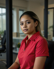 nervousness and enthusiasm, employee retention, fitted polo shirt, dark red light brown, vignette background at early morning, intelligent person portrait