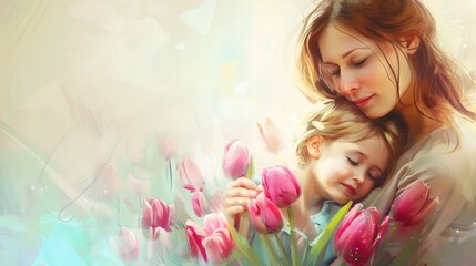 Fototapeta premium Tender Moment Between Mother and Child Surrounded by Tulips in a Dreamy Spring Setting