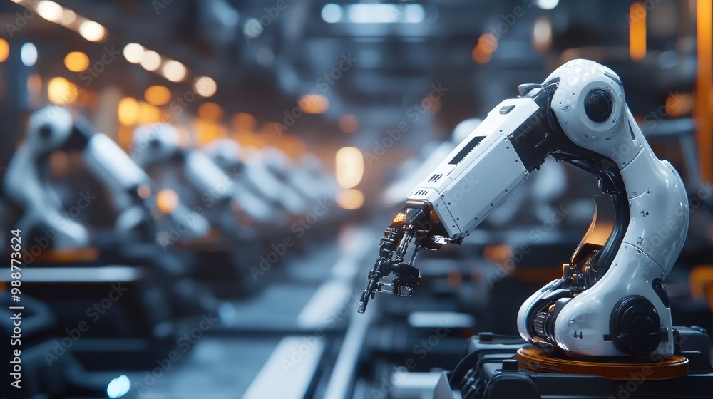 Poster automated robotic systems in a futuristic factory setting, focusing on advanced production processes