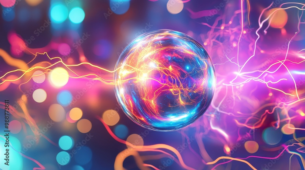 Poster light ball surrounded by flowing plasma energy with vector electric lightning and dynamic light flas