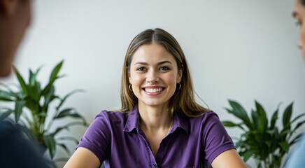 smart casual wear v-neck shirt and polo shirt, tenured supervisor attending a meeting, friendliness and joy, green plants, purple , intelligent person portrait