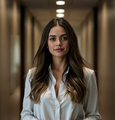 Obraz premium polished and simple attire, employee retention, millennial chief operating officer who is working, recessed lighting, a corridor backlit, intelligent person portrait