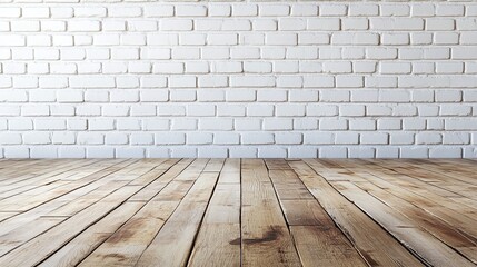 Fototapeta premium modern empty room with a textured white bricks wall and wood floor, offering a versatile environment for effective product presentation and display
