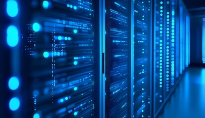 3D Rendering of Server Center with Blue Lights