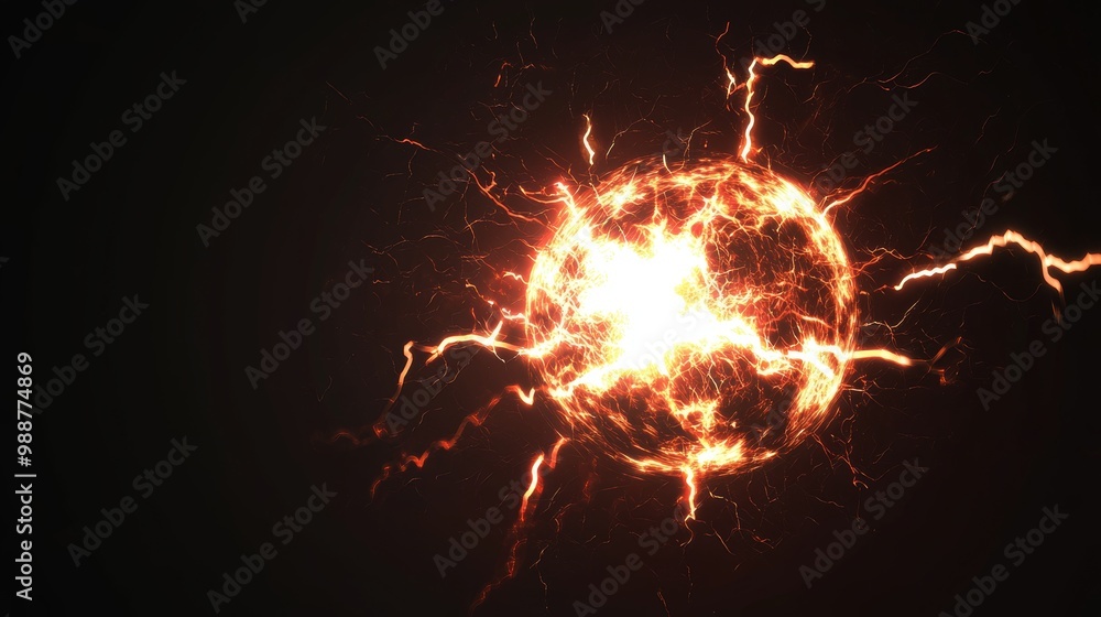 Poster light ball surrounded by flowing plasma energy with vector electric lightning and dynamic light flas