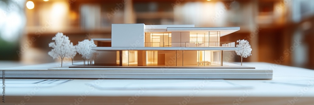Poster minimalist architectural model with design sketches, a sleek model displayed on a table, softly blur