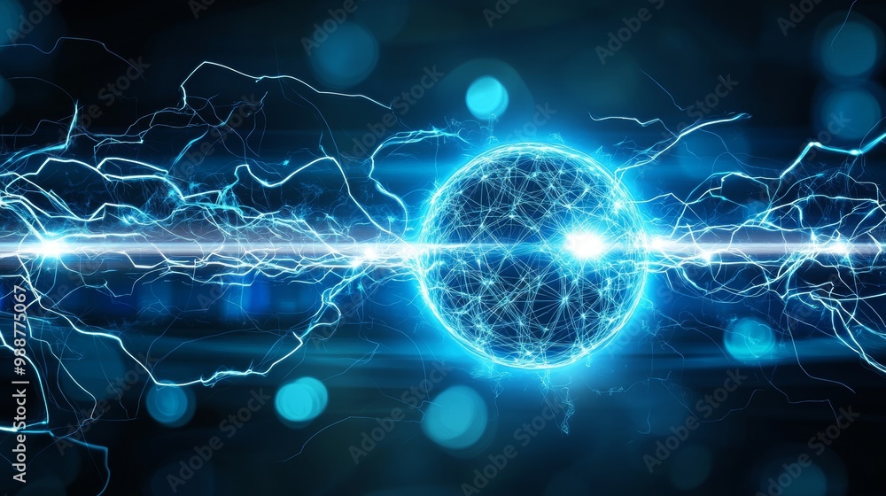 Poster light ball surrounded by flowing plasma energy with vector electric lightning and dynamic light flas