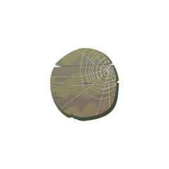 Old wood round signboard with cobweb, vector cartoon empty rough plank wooden texture, timber signpost desk, retro fence