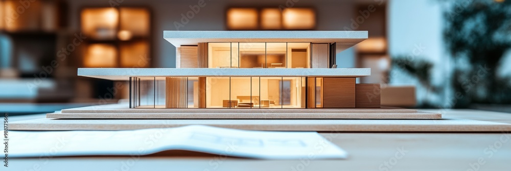 Poster minimalist architectural model with design sketches, simple table setting, blurred background enhanc