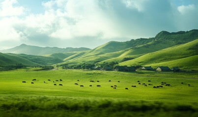 Green rolling hills, cows graze, farmhouses.