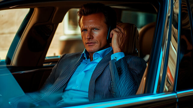 Foto de un hombre sofisticado de unos 40 a&ntilde;os, con pelo oscuro corto y piel clara, vestido con una elegante camisa azul bajo una americana a rayas, sentado en el asiento trasero de un coche de lujo 