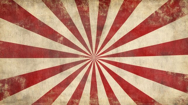 A nostalgic circus design with swirling rays and a worn texture, highlighting a red and white sunburst pattern against a backdrop of a vintage summer fair or tent.
