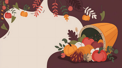Orange and red fall harvest cornucopia with leaves and a blank space for text, perfect for Thanksgiving greetings. 
