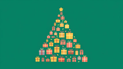 Christmas tree made of colorful gifts on green background, festive celebration joy. 
