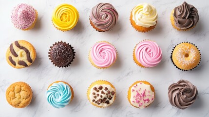A colorful assortment of cupcakes arranged in a grid on a marble surface.