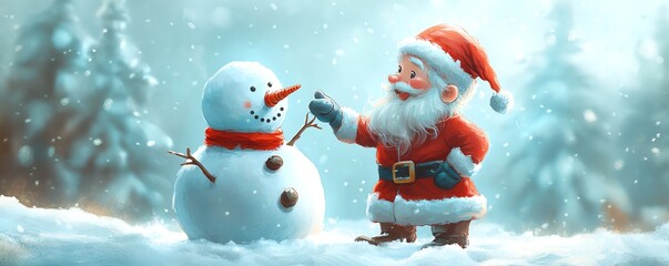 Santa building a snowman, fun winter celebration, detailed illustration, soft blues and whites, isolated on white background