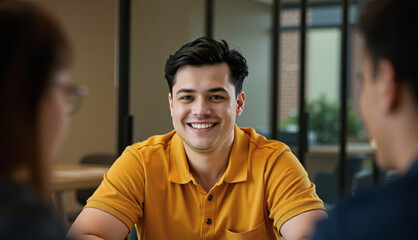 Obraz premium seasonal polo shirt and simple attire, millennial director attending a meeting, happiness and pride, dark yellow orange, graceful and tasteful, business portrait