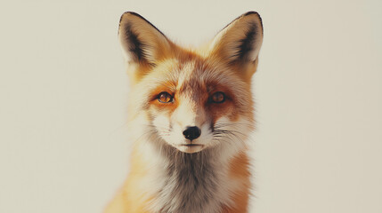 Fototapeta premium a fox with bright orange fur and alert eyes against an isolated light ivory background, the soft light casts gentle shadows on the fox, creating intricate patterns