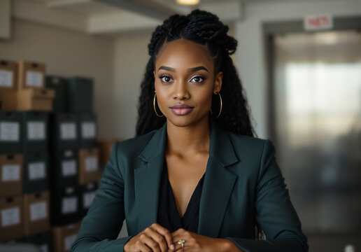 junior business analyst who is organizing, anticipation and calmness, corporate role, aesthetically pleasing and precise, against background at morning, business portrait - Powered by Adobe