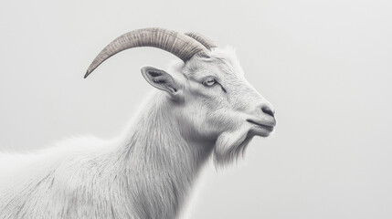 Obraz premium a goat with sleek gray fur and sharp, curved horns against an isolated light ivory background, the soft light casts gentle shadows on the goat, creating intricate patterns